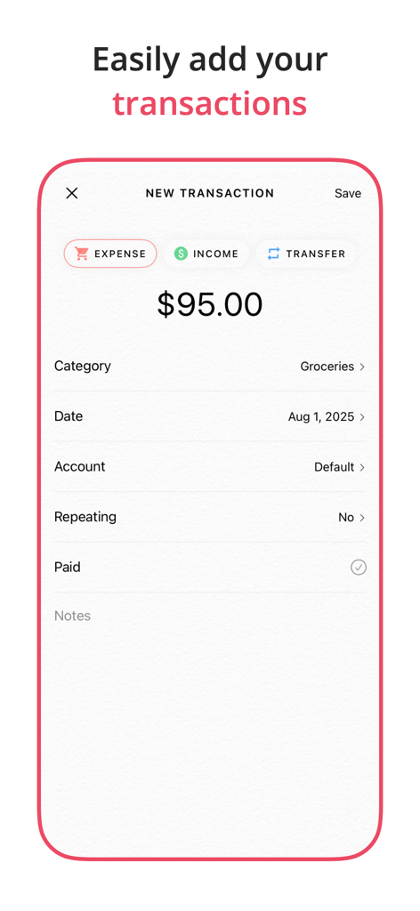 A minimalist screen in the Fleur app for adding a new expense transaction for groceries.