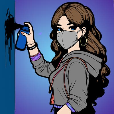 realistic girl with mask spray painting a wall