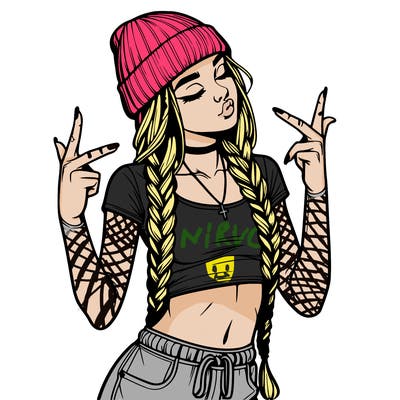 realistic teenage girl with braids and a beanie and crop top doing 🫶🏼