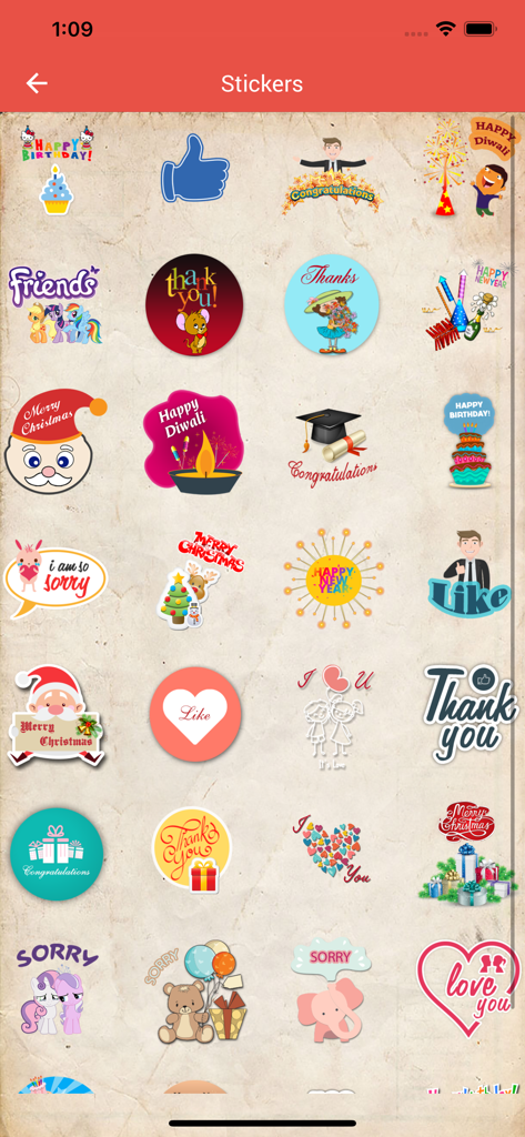 A library of digital stickers for birthdays holidays and thank you messages within the E-Cards Greeting App