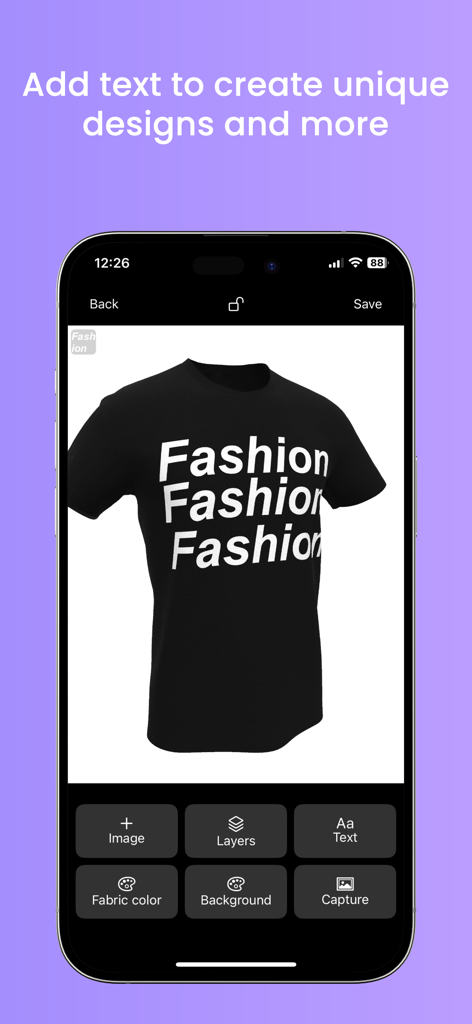 T-Shirt Design - 3D Mockup - A mobile interface of a 3D t-shirt mockup tool showing a black shirt with custom white text and various editing buttons