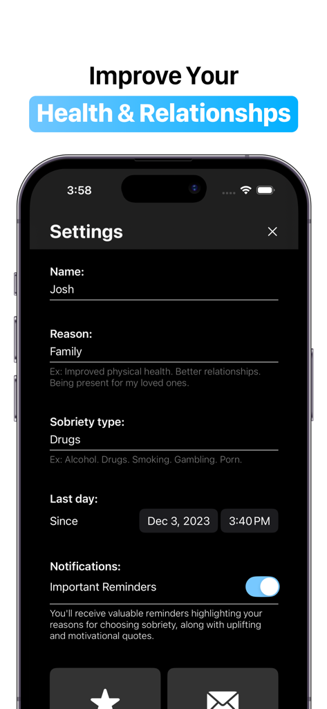 SoberLife - Sobriety Counter - Settings screen of the SoberLife app for personalizing sobriety goals and reminders