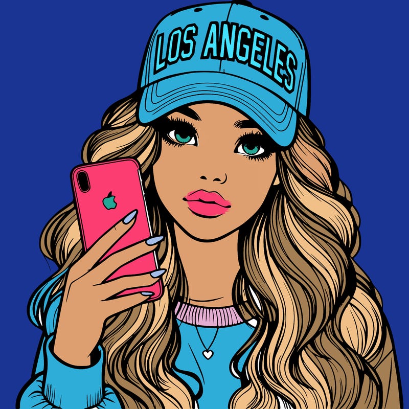 realistic beautiful girl wearing los ángeles cap holding an iphone