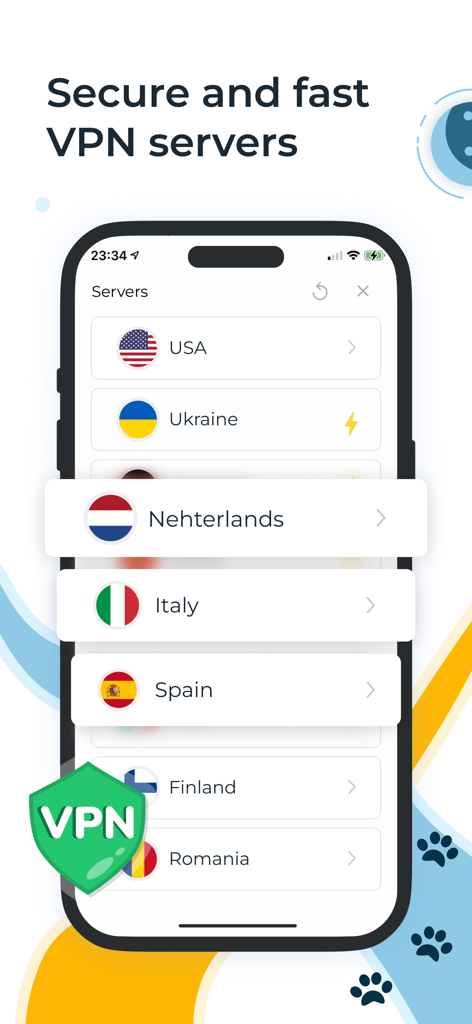 VPN Corgi - Best Proxy Master - VPN Corgi app screen displaying a list of fast and secure global VPN servers.