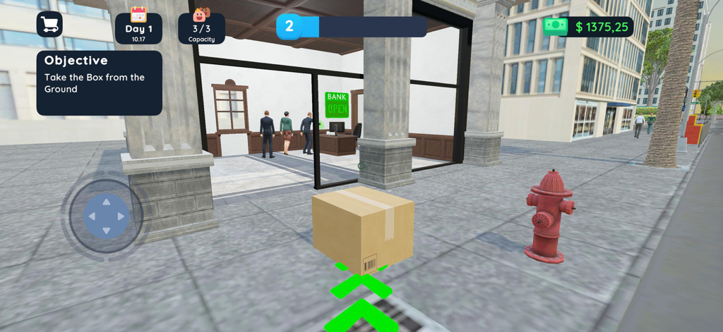 Captura de tela do gameplay de Bank Manager Simulator 3D mostrando uma missão para pegar uma caixa do lado de fora de um banco