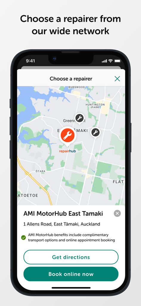 AMI app screen showing a map to find and book a vehicle repairer from the network.