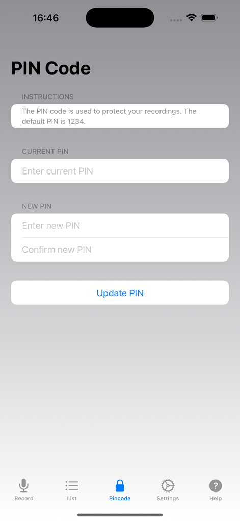 Secure Voice Recorder app interface showing the PIN code setup and update screen for protecting audio files