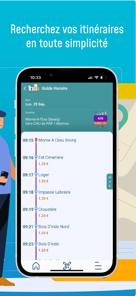 KARULIS - KARULIS app interface showing a bus schedule and route in Guadeloupe