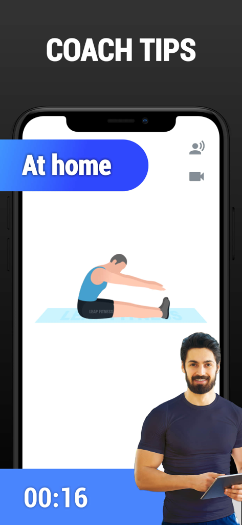 Interface of the Teen Workout app showing a stretching exercise animation and a professional coach