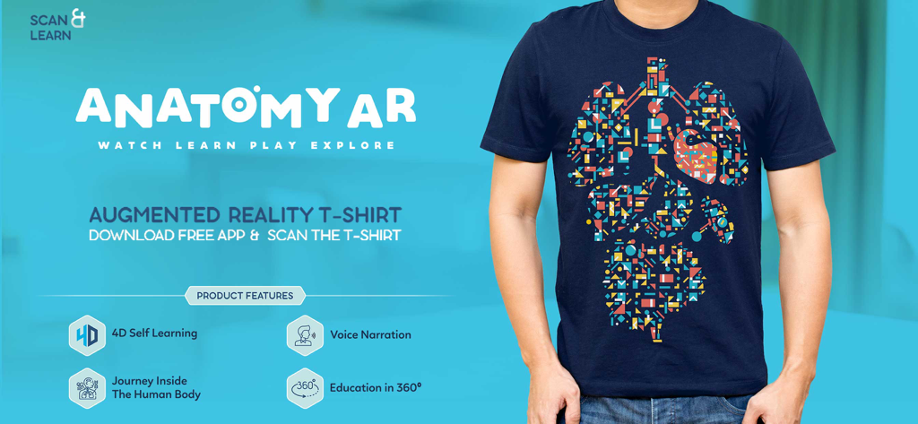 内臓のグラフィックが付いたバーチャル拡張現実Tシャツを特徴とするAnatomy AR 4Dアプリのプロモーションバナー