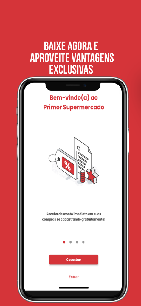 Primor Supermercado - Welcome screen of the Primor Supermercado mobile app highlighting exclusive benefits and discounts
