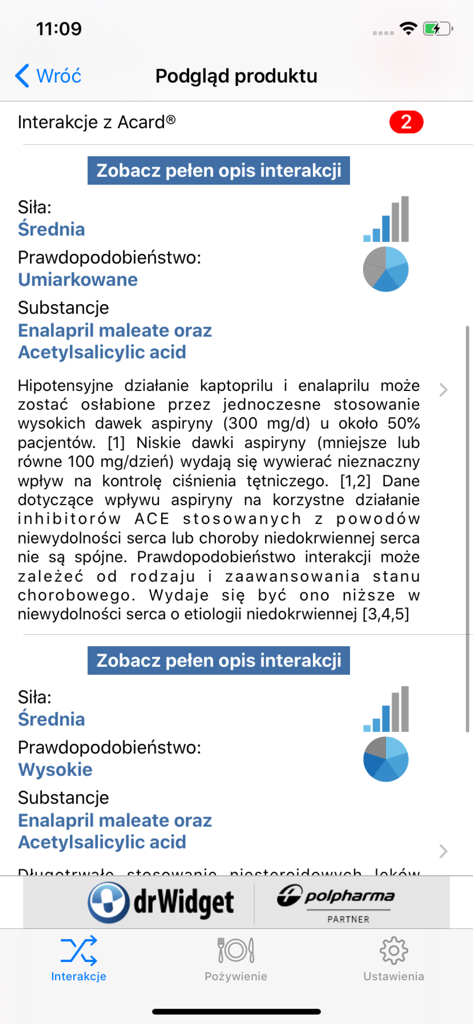 Detailed drug interaction analysis and risk assessment screen from the DrWidget Interakcje app
