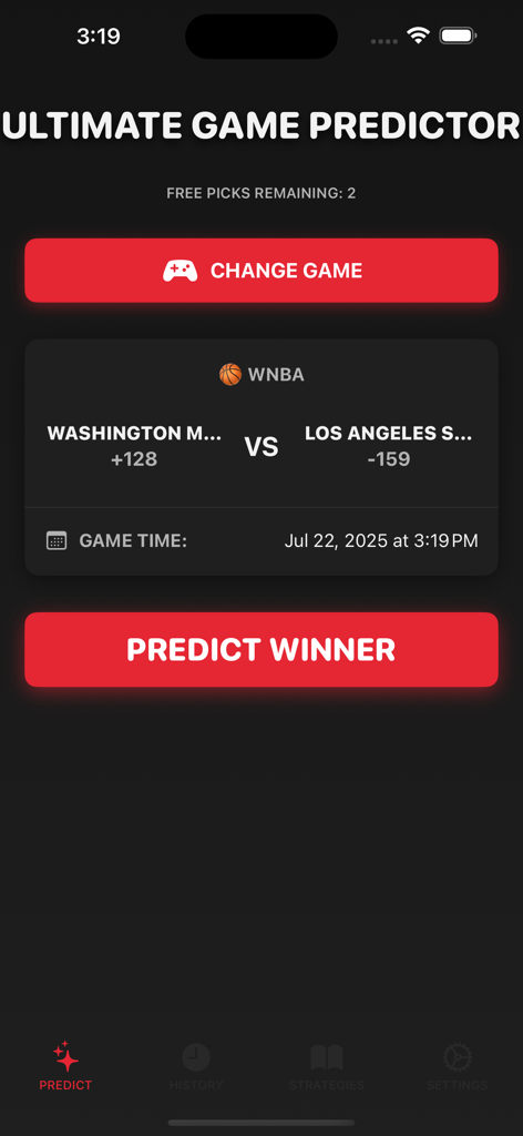 ai Sports Betting - AI Sports Betting app screen showing a game predictor for a basketball match with team odds.
