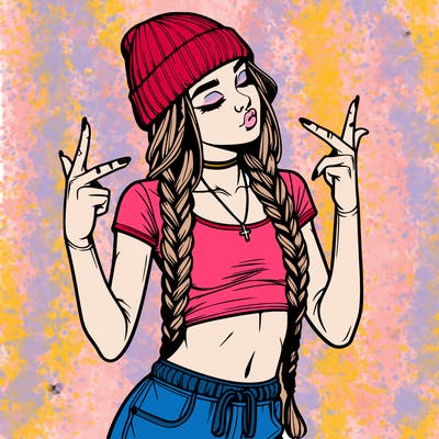 realistic teenage girl with braids and a beanie and crop top doing 🫶🏼