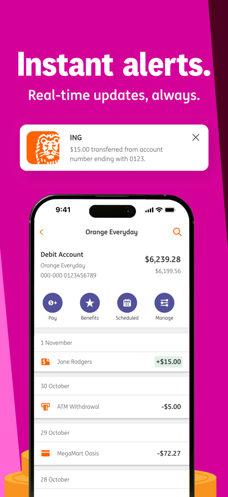 ING banking app screen showing real-time transaction alerts and account balance