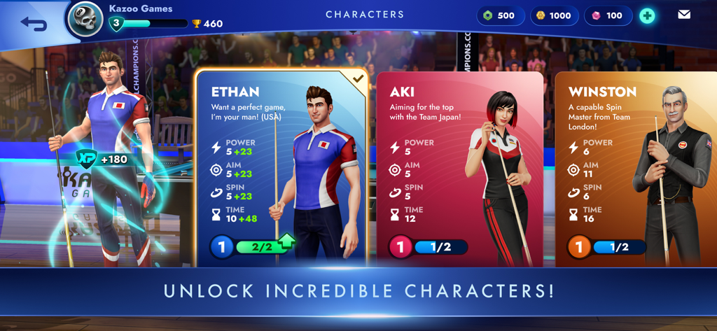 8 Ball Champions - Character selection menu in 8 Ball Champions showing playable avatars with unique power and aim stats