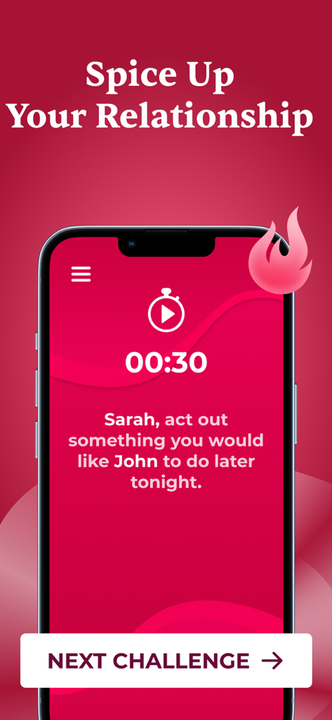Uno screenshot dell'interfaccia dell'app Giochi di Coppia che mostra una sfida relazionale e un timer di trenta secondi.