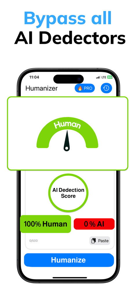 Pass AI Humanizer app interface showing a 100 percent human score to bypass AI detectors