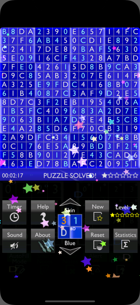Una cuadrícula de puzzle Sudoku de 16x16 resuelta con el mensaje 'Puzzle resuelto' sobre un fondo azul