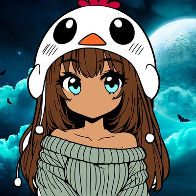 anime girl with chick shaped hat with sweater with bare shoulders with bangs covering them one eye with low tail