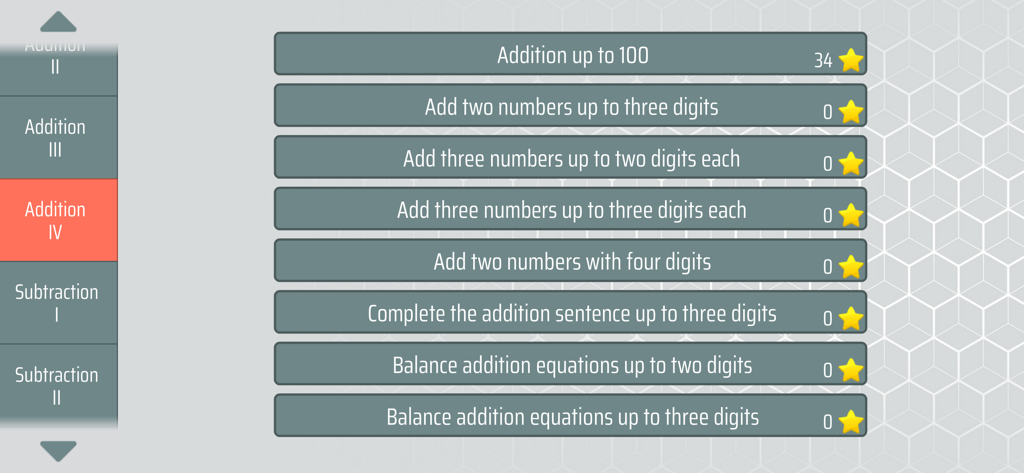 Curriculum menu showing addition levels in the Math Shot Mathematics app.