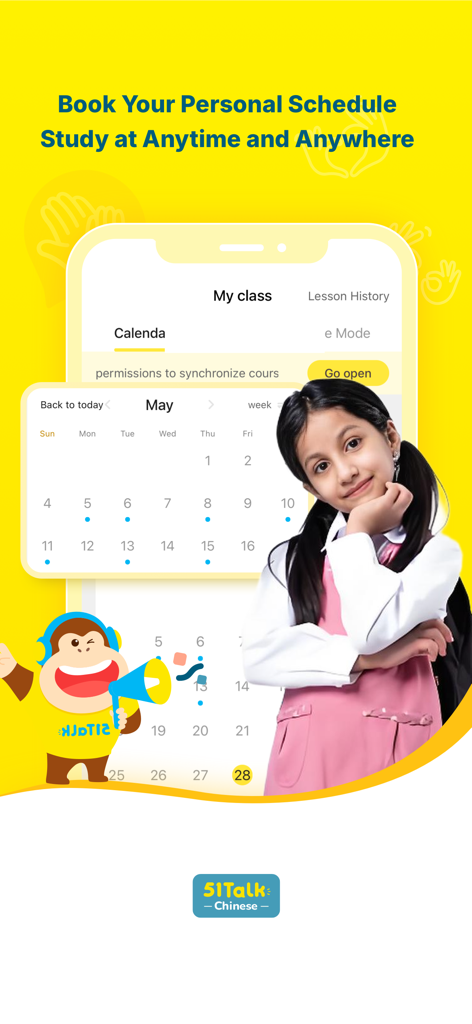 51Talk Chinese - A young girl and a cartoon mascot next to the 51Talk Chinese app lesson scheduling interface.