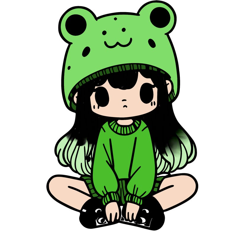 a girl wearing a frog hat and some frog socks