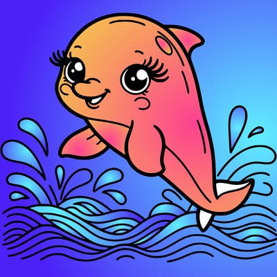 cute dolphin, smiling, long eyelashes, jumping over sea waves