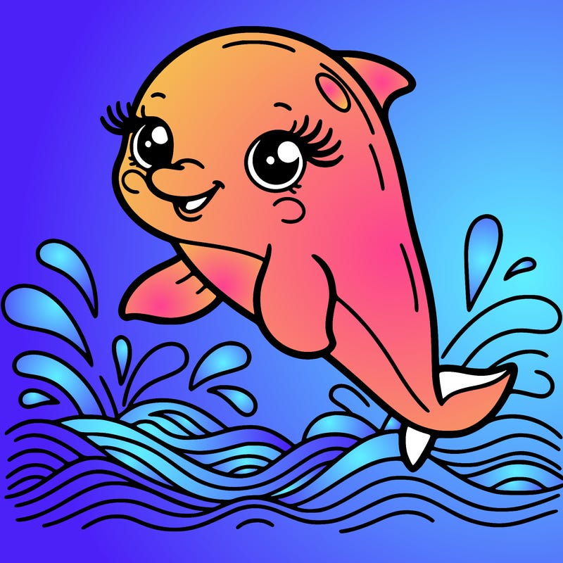 cute dolphin, smiling, long eyelashes, jumping over sea waves