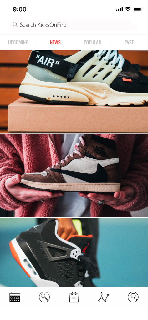 KicksOnFire app interface showing the news section with photos of popular sneakers including Air Jordans.