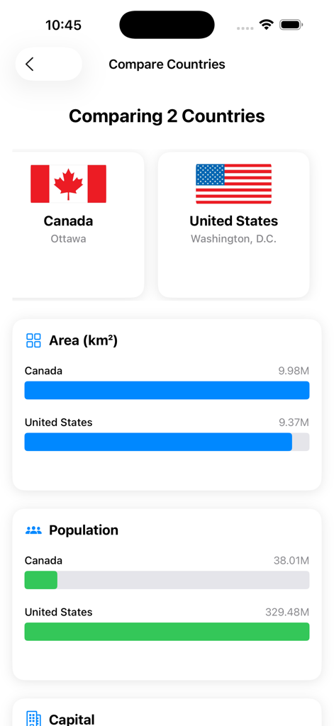 Learn Geography: AV Countries - Tela de comparação mostrando estatísticas de área e população para o Canadá e os Estados Unidos.