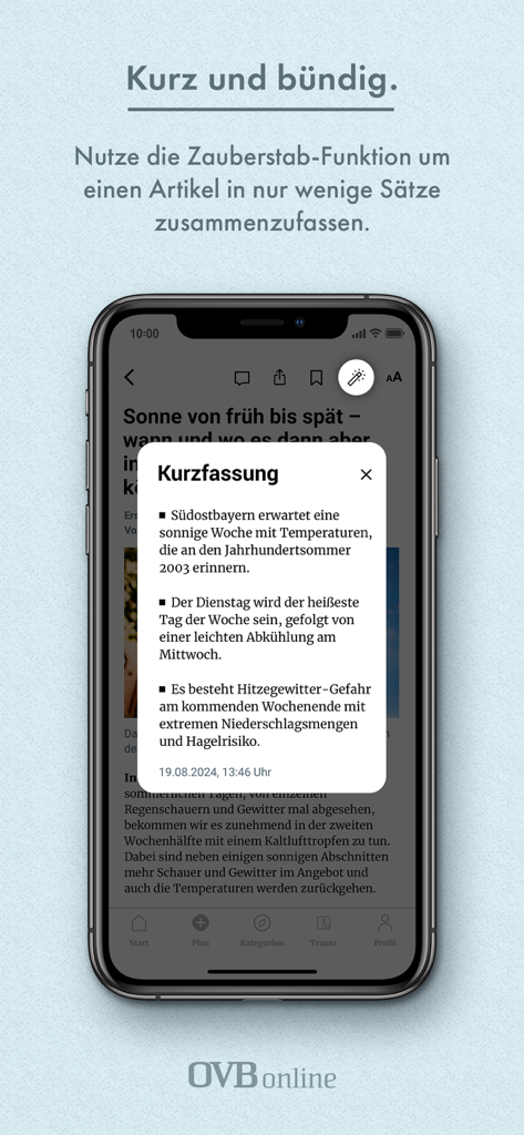 OVB online - OVB online Mobile App zeigt einen zusammengefassten Nachrichtenartikel mit Stichpunkten unter Verwendung des Zauberstab-Tools