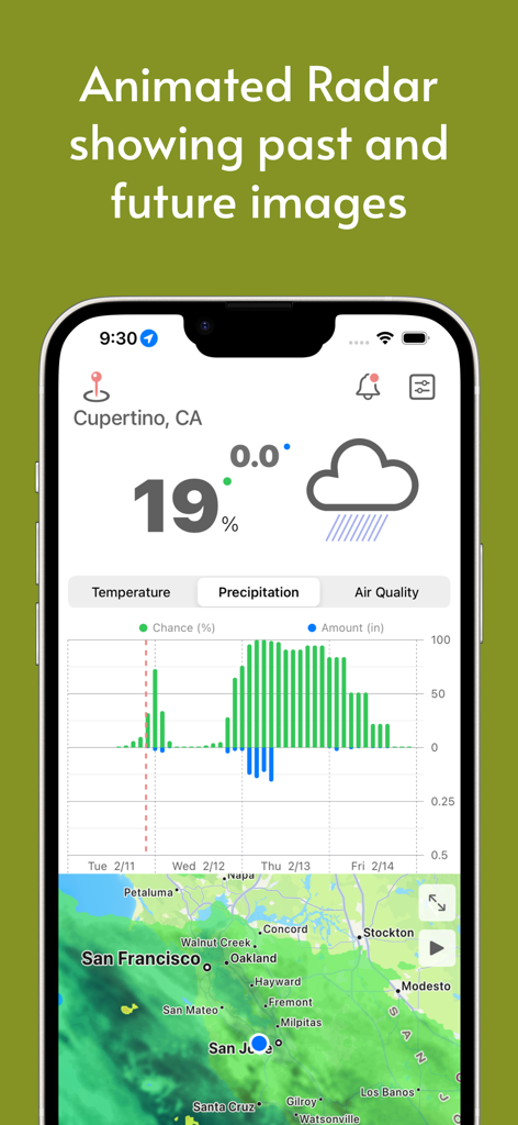 Weather Basic - 미국 샌프란시스코 베이 지역의 강수량 차트와 애니메이션 날씨 레이더 지도를 보여주는 날씨 기본 앱 인터페이스