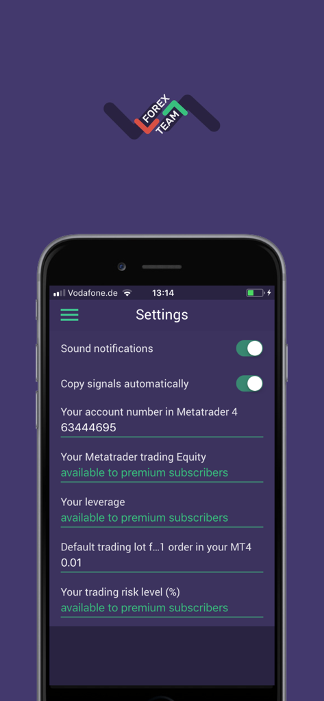 Einstellungsbildschirm der Forex Signals App zeigt automatisierten Handel und Konfigurationsoptionen für das Metatrader 4-Konto an