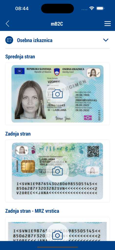 mB2C - mB2C-App-Benutzeroberfläche, die Schritte zum Scannen der Vorder- und Rückseite eines slowenischen Ausweises zur Benutzeridentifizierung anzeigt.