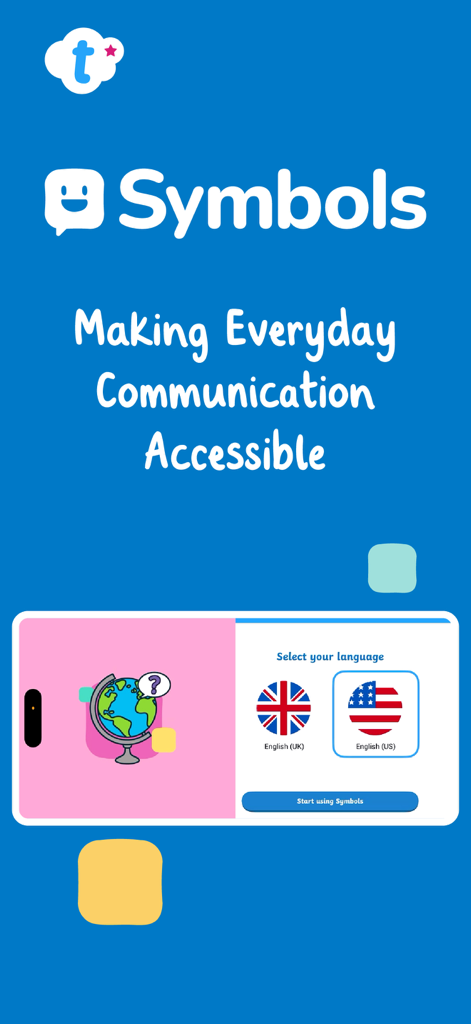 Twinkl Symbols AAC System - Interface de l'application AAC Twinkl Symbols pour sélectionner les paramètres de langue anglais US ou UK.