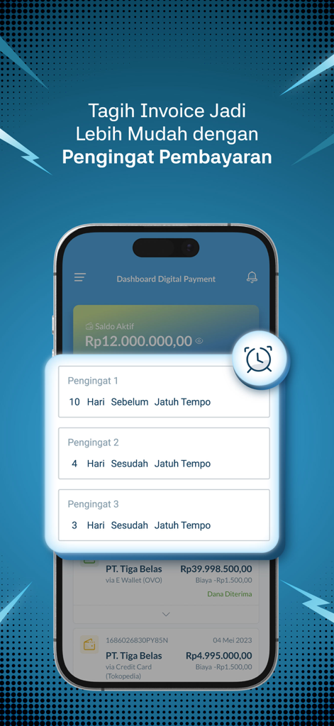 Paper.id: Online Invoicing - Mobile app interface showing scheduled automatic payment reminders for professional invoices.