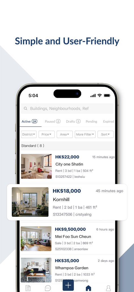 Spacious千居 Lister - Spacious Listerアプリのモバイルインターフェースに、物件の詳細と管理フィルター付きの有効な不動産リスティングのリストが表示される。