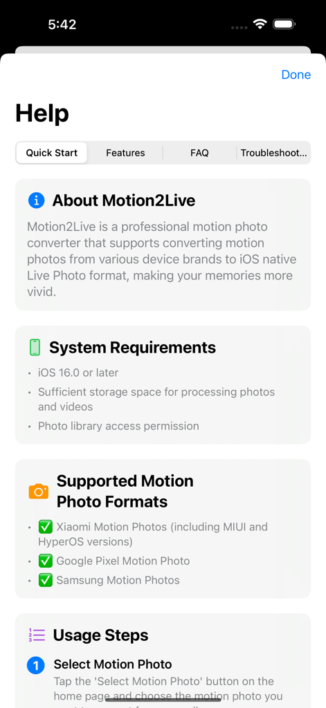 The help screen of the Motion2Live app displaying system requirements and supported motion photo formats for conversion.