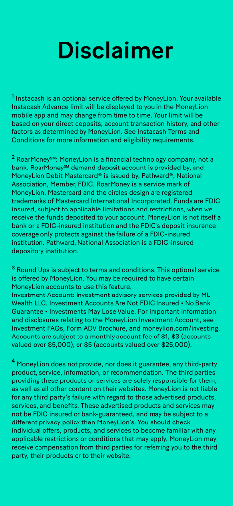 MoneyLion legal disclaimer screen showing terms for Instacash and RoarMoney services