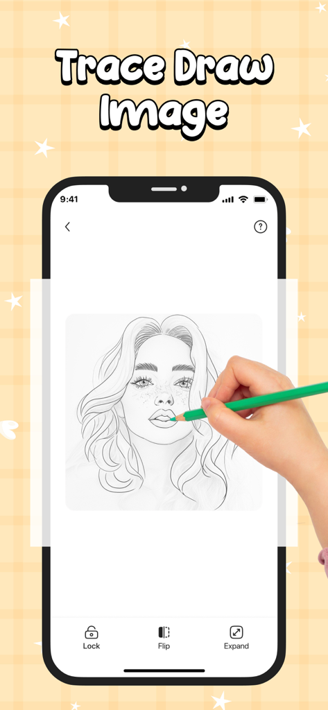 AR Drawing: Draw Sketch, Paint - ARドローイングアプリを使って、スマートフォンの画面に女性のポートレートスケッチを鉛筆でトレースしている手。