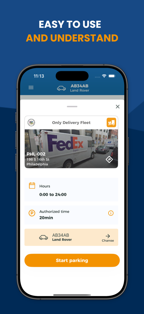 Parkunload app screen showing details for a delivery fleet parking zone in Philadelphia with a 20 minute time limit and start parking button
