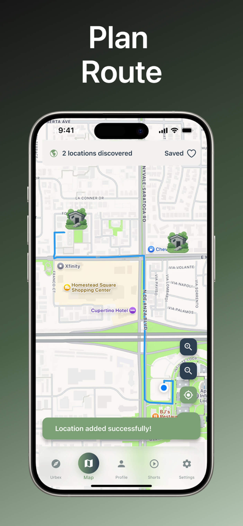 Écran mobile montrant la fonction de planification d'itinéraire dans l'application Urbex Abandoned World avec une ligne de navigation bleue entre plusieurs lieux abandonnés sur une carte.