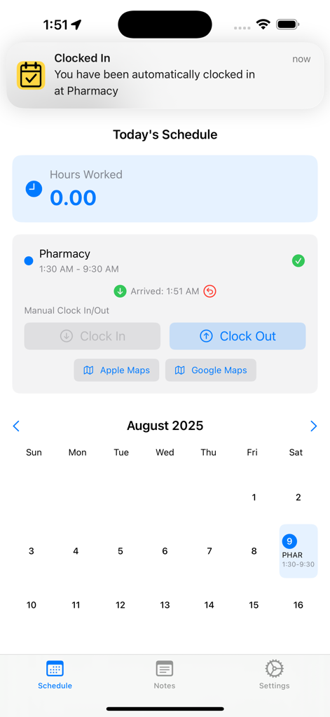 Simple Shifts - Simple Shifts app interface showing an automatic clock in notification and today work schedule