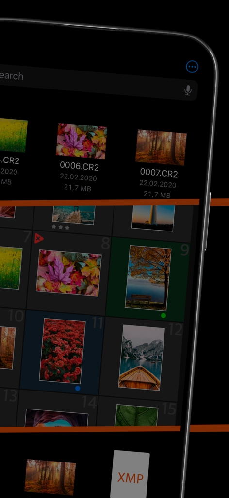 AI Photo Culling — PhotoPicker - Interfaz de la aplicación móvil PhotoPicker para seleccionar fotos RAW con soporte de archivos XMP