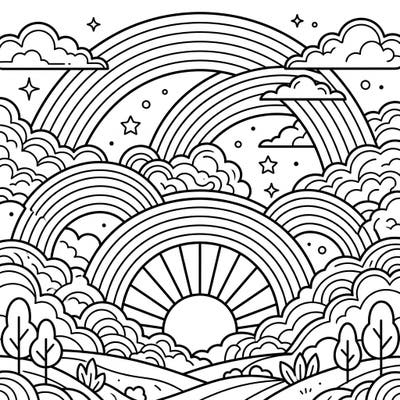 Discover the captivating beauty of nature with this intricate coloring page showcasing multiple majestic rainbows against a serene sunrise or sunset sky. Dive into a tranquil artistic journey, bringing warmth and wonder to every arch and cloud.
