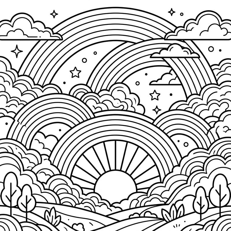 Discover the captivating beauty of nature with this intricate coloring page showcasing multiple majestic rainbows against a serene sunrise or sunset sky. Dive into a tranquil artistic journey, bringing warmth and wonder to every arch and cloud.