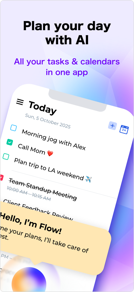 Day Flow: AI Daily Planner - Day Flow AI Daily Planner app showing a daily task list and calendar integration.