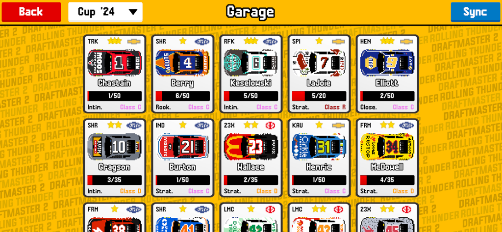 Draftmaster 2 - Garage screen in Draftmaster 2 showing a grid of pixel art racing car cards for different drivers