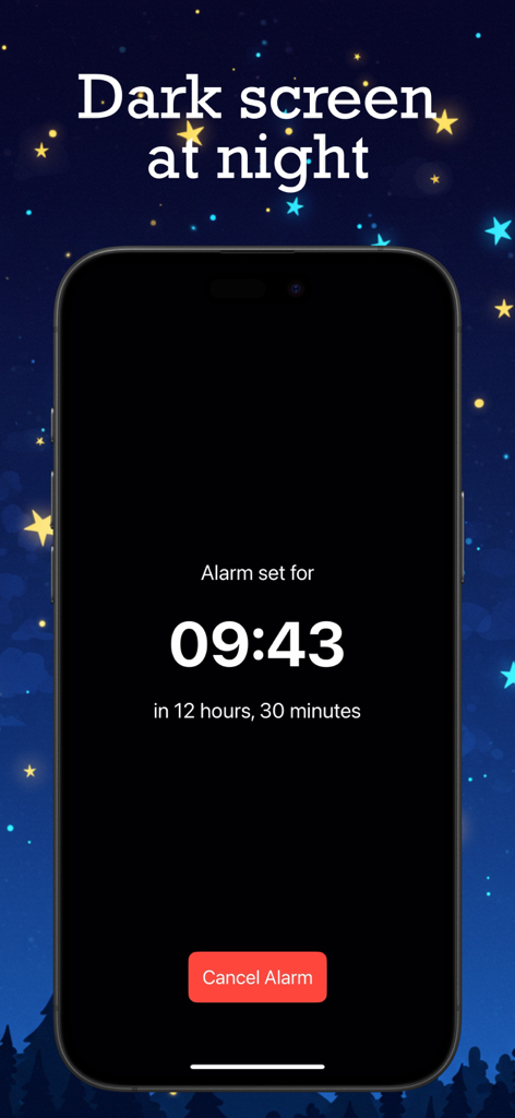 iPhone screen showing the Glow Alarm app night interface with an alarm set for 09:43 on a black background